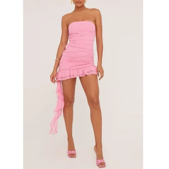 EGO pink Bandeau Ruched Frilly Hem Mini Bodycon
Dress XS - Picture 1 of 5